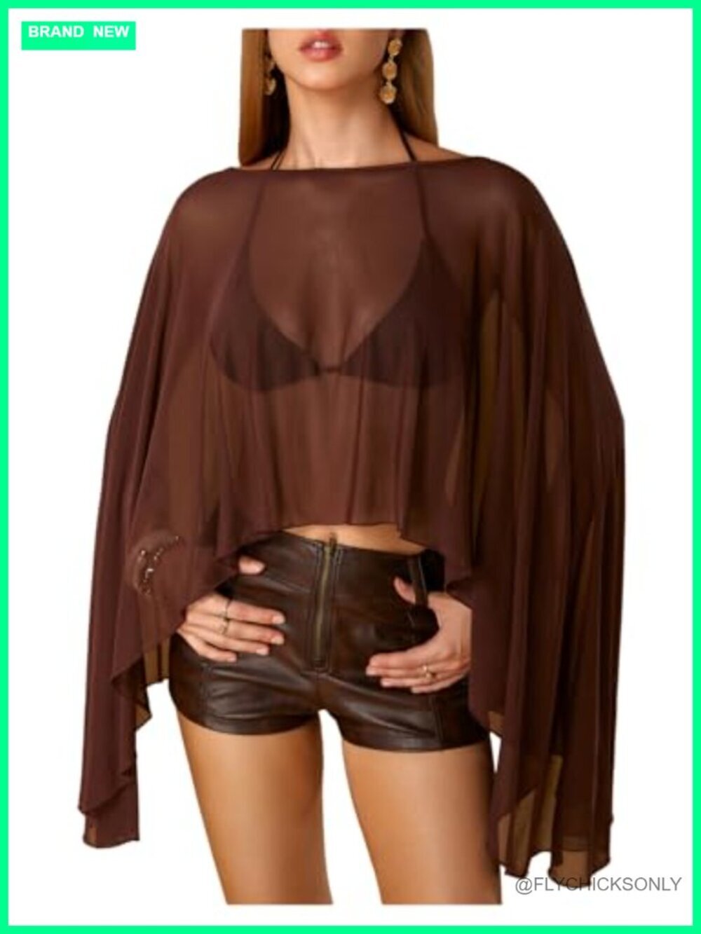 Sheer Mesh Poncho Cape Top Flowy Bell Sleeve Cropped Summer Shrug Cover Up
